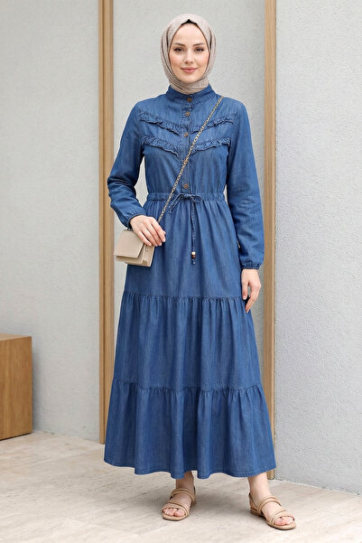 FERHEL Rochie din denim cu guler în V, dantelă cu volane în față și detaliu î...