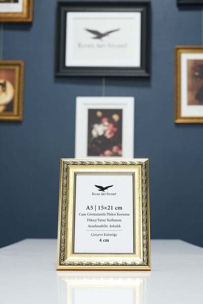 Raven Art Studio Ramă pentru documente foto A5-15x21cm, aurie, din sticlă ple...