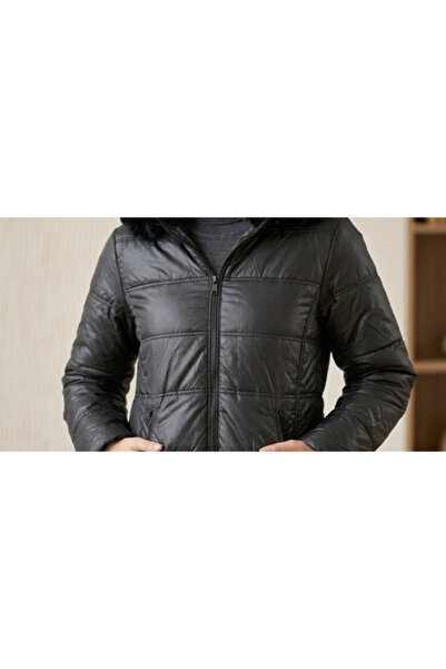 OEM Geacă damă neagra matlasată cu glugă și blană, căptușită, închidere fermoar