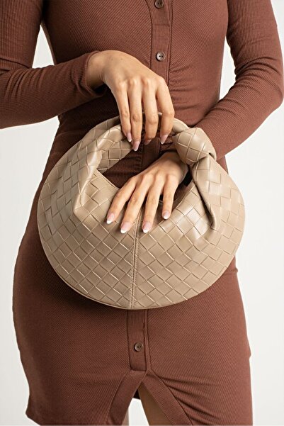 themoiss The Moiss Knotted Moon Mink Color Botiga Knit Textured Women's Clutch Bag