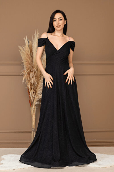 BEYBOS Silvery Fabric Boat Neck Evening Dress - Black