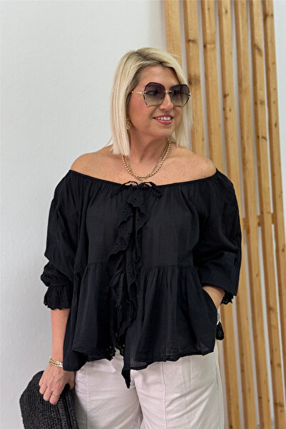 By Esra Celkan Black Lace Ruffled Front Lace-Up Voile Shirt