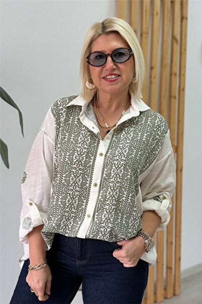 By Esra Celkan Khaki Pano Patterned Cream 100% Cotton Shirt