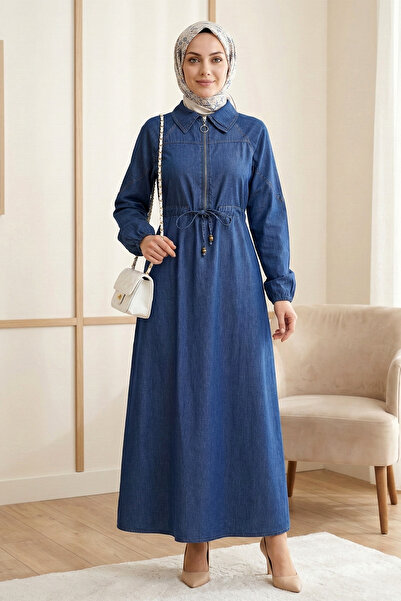 FERHEL Rochie din denim Tesettür cu jumătate de fermoar în talie cu încrețitu...