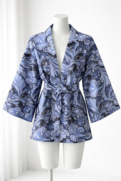 PALMİYE GİYİM Mavi Şal Desen Kuşaklı Kimono Ceket