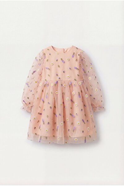 Magu Devojčina haljina od Pamuk dela sa cvetnim uzorkom lososa Vezena Til