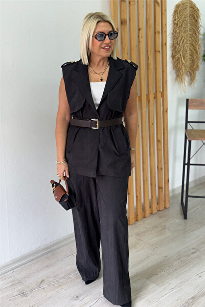 By Esra Celkan Black Sleeveless Set of Belt Wide-Leg Vest Set