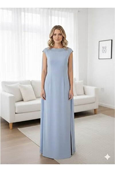FULLJOY Sky blue Crepe stretch evening dress with a back slit and a collar em...