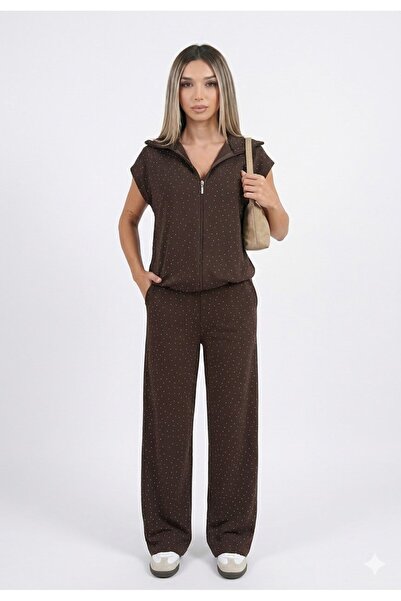 SHINE STYLE قماش مودال قماش مرصّع بالأحجار طقم فيست طقم بني