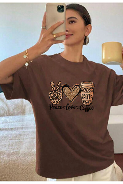 SUNFREE PEACE LOVE COFFEE Štampano okrugla kragna Oversize kroj Majica kratki...