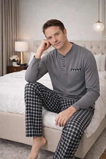 FORMO Set de pijamale pentru bărbați, 100% bumbac natural, cu mâneci lungi, d...