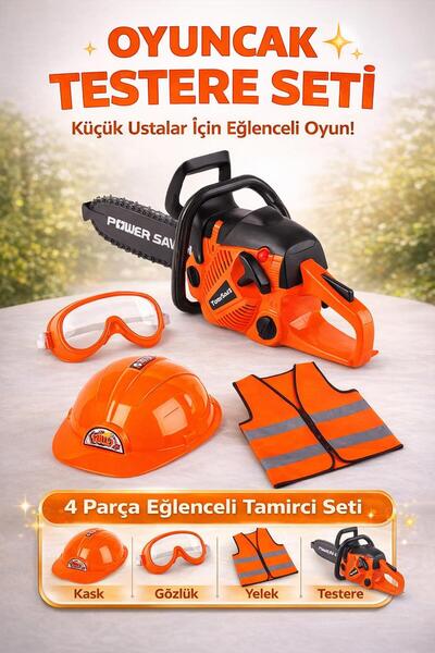 hak-iş oyuncak Pilli Büyük Kasklı Ağaç Motoru Oyuncak Testere Tamirci Seti (4...