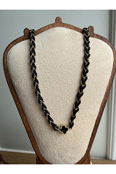 My Joyas Design 14K Altın Kaplama Siyah İpli Yonca Kolye & Bileklik 60cm