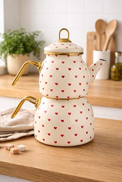 MİS KİTCHEN Gold Handle Enamel Teapot Set with Red Heart Vintage Teapot - Ide...