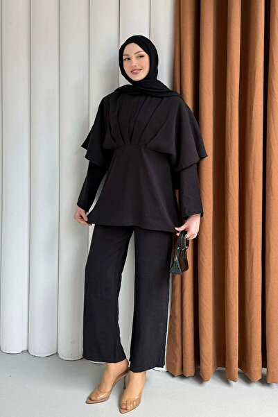 Modaensarbutik Linda Arka Pelerin Detay Pantolon Tesettür Takım-SİYAH