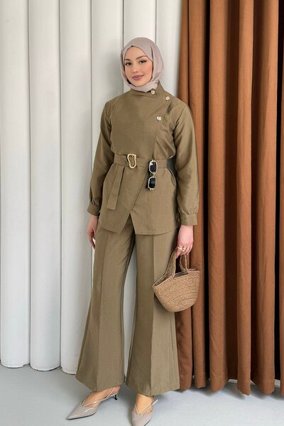 Modaensarbutik Minimal Asimetrik Kesim Pantolonlu Tesettür Takım-MİNT YEŞİLİ