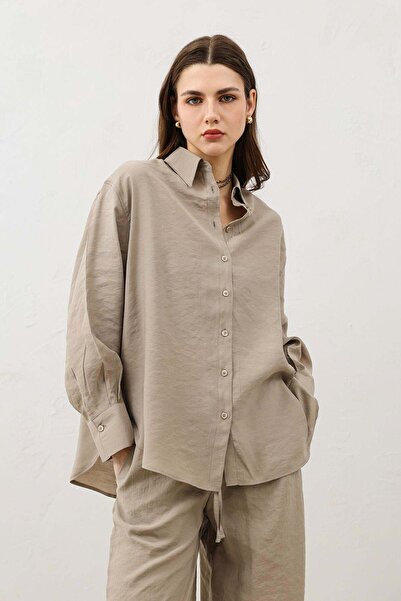 Antioch Bej Dökümlü Oversize Kadın Gömlek