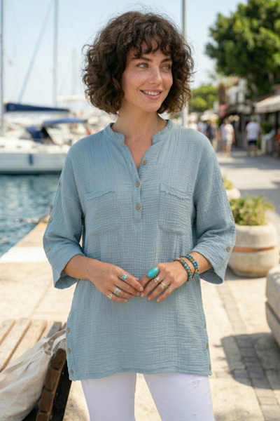 Chiccy Light Blue Judge Collar 3/4 Sleeve Buttoned Double Pocketed Side Butto...