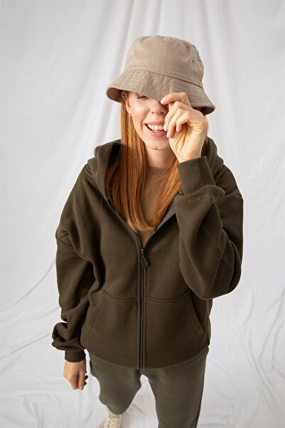 gothamvibes Women's Oversize Zippered Hooded Khaki Sweatshirt
