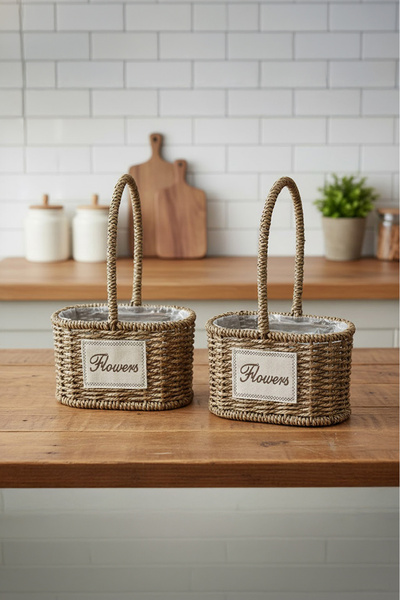 Vadi Wicker Cobalt Basket Set of 2 Flowers Decorative Flower Holder with Prin...