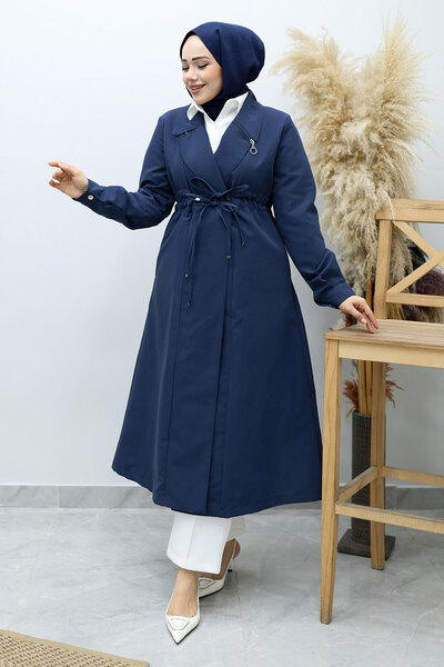 Tesettür Dünyası Buy Ruched Zip Detail Trench Coat Tsd260145 Navy Blue