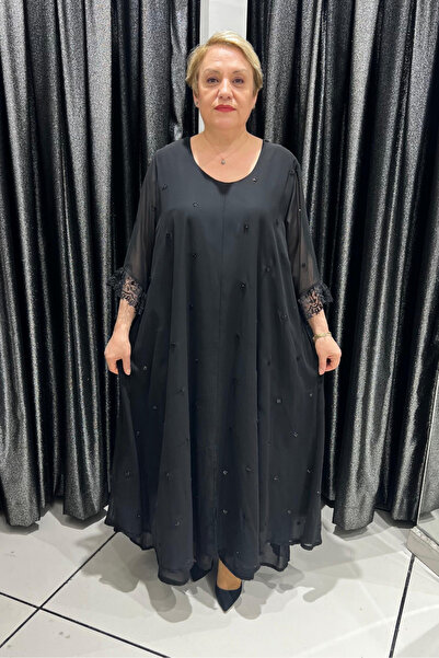 selma Büyük Beden Siyah Dantel Detaylı Şifon Elbise