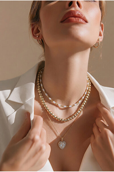 SLNSTYLE Kemik gold kalp taşlı ezme zincirli 3’lü çoklu kolye