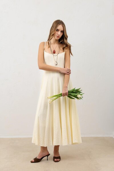 Antioch Ekru Volümlü Kadın Midi Elbise