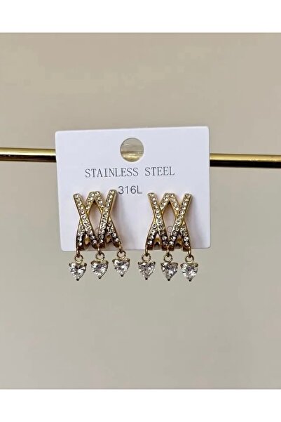 Haziran Accessory Steel Cross Heart Stone Gold Earrings