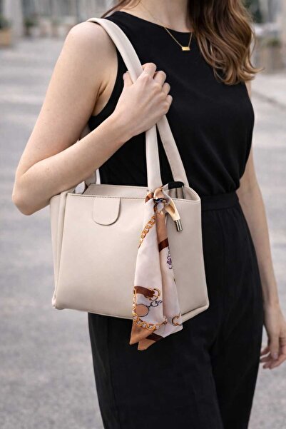 ELAN Kadın Çanta Fular Detaylı El Kol ve Omuz Çantası Krem