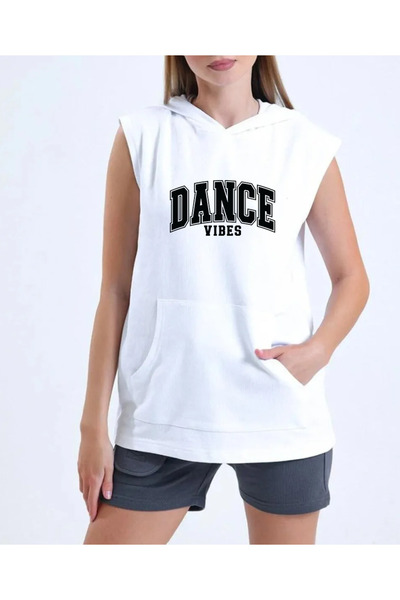 SUNFREE Dance Vibe Printed Zero Sleeve Hooded Unisex Sportswear White Tshirt