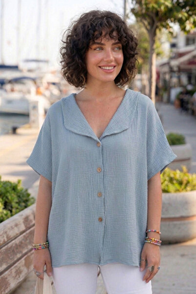 Chiccy Light Blue Peter Pan collar Low Cuff Casual Muslin Oversized Woven Blo...