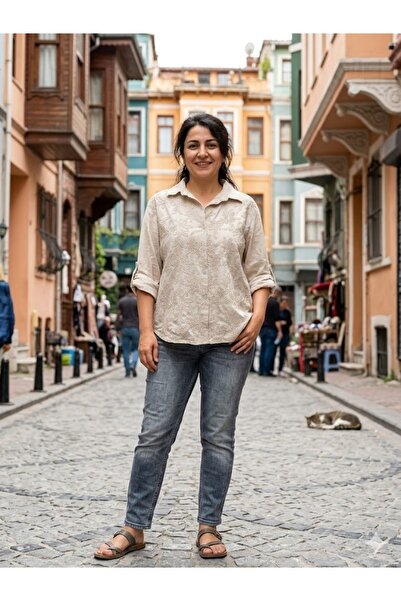 AYASOFYA OTANTIK Women's Italian Beige Needle Leaf Pattern Embossed Ov Oversi...