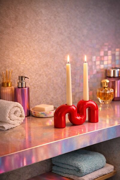 Otaera Denge Kırmızı | M Form Şamdan 2'li, Dekoratif Mumluk, Modern Tasarım M...