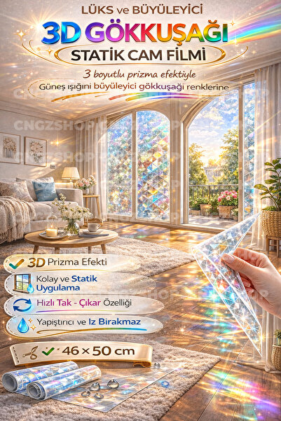 CNGZSHOP 3D Gökkuşağı Statik Cam Folyosu 46x50 cm – Kendinden Yapışkanlı Deko...