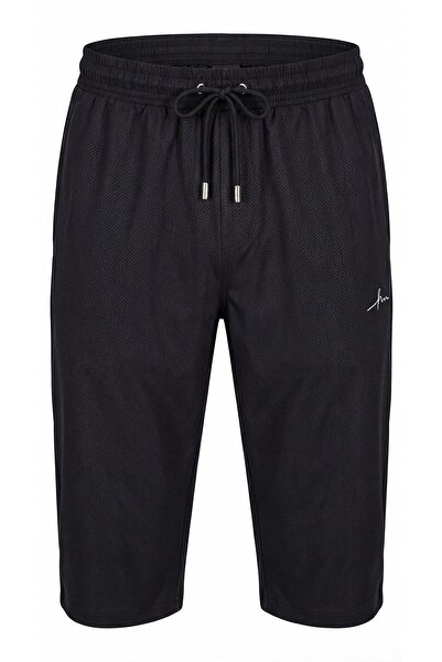 Haşema Textured Geometric Patterned Black Long Men's Pool and Sea Shorts 6013