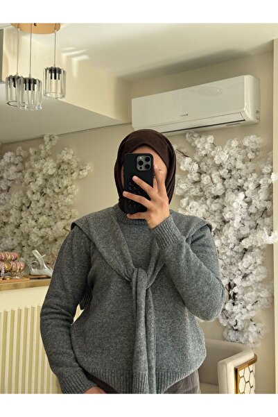HA STORE Kadın gri renk yumuşak dokulu oversize şallı triko kazak