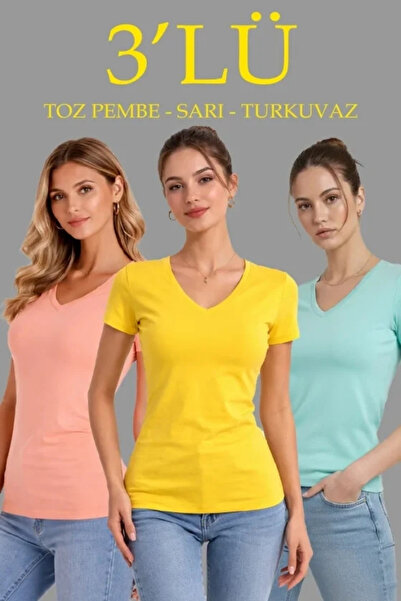 özssa 3-Pack V-Neck T-Shirts – Short Sleeve Summer Slim Fit Bodysuits - Powde...