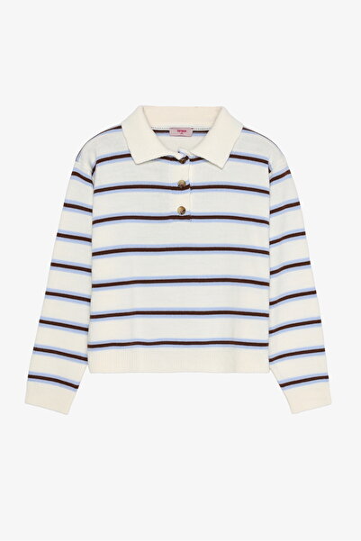 Quzu Polo Neck Buttoned Knitwear Sweater Ecru