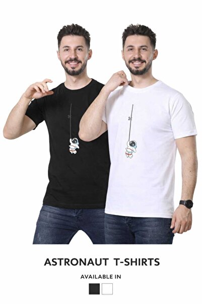 GEZEGENX İkili (2)Erkek tişört astronotlu %100 Pamuklu t-shirt günlük kullanı...