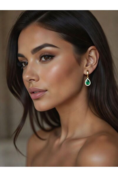 Aylin Bijuteri Yeşil Taşlı Damla Model Gold Renk Sallantılı Çelik Küpe