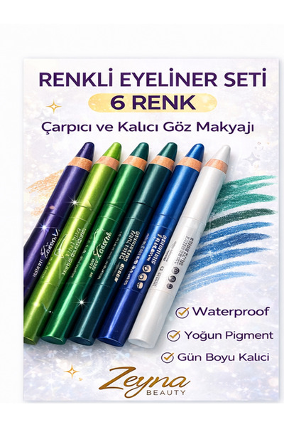 ZEYNABEAUTY Renkli Eyeliner Kalemi Seti 6'lı – Waterproof Göz Kalemi Neon & P...