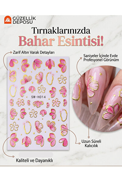 Güzellik Deposu Pembe Sakura Çiçeği Ve Altın Varaklı Nail Art Tırnak Stickerı