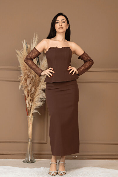 BEYBOS Atlas Fabric Lace Detailed Strapless Elibse - Brown