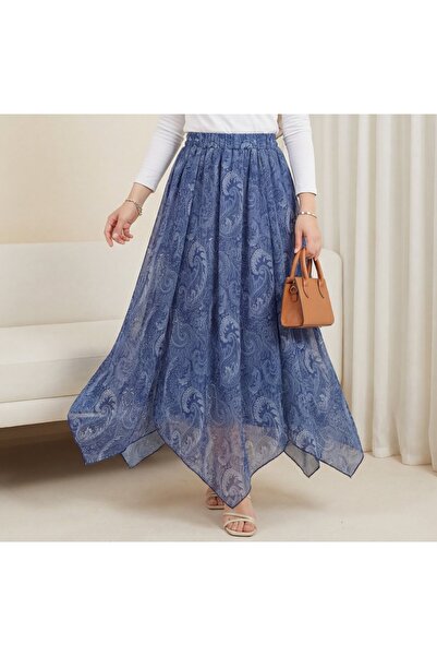 bellura Etnik Desen Beli Lastikli Astarlı Asimetrik Kesim Şifon Etek