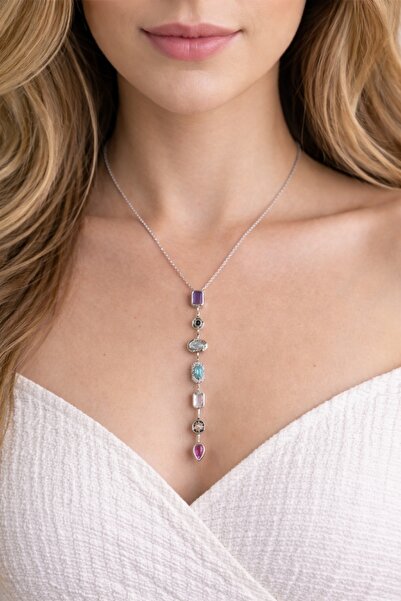 Liacharm Silver Color Natural Stone Stainless Steel Vertical Row Y Necklace