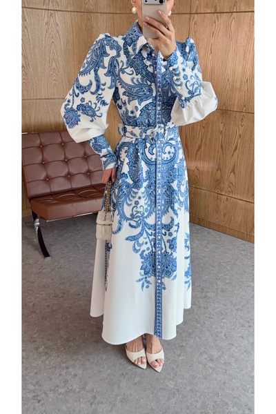 BRTC design Women's Blue Shawl Patterned Balloon Sleeve Belt Piece Maxi Dress