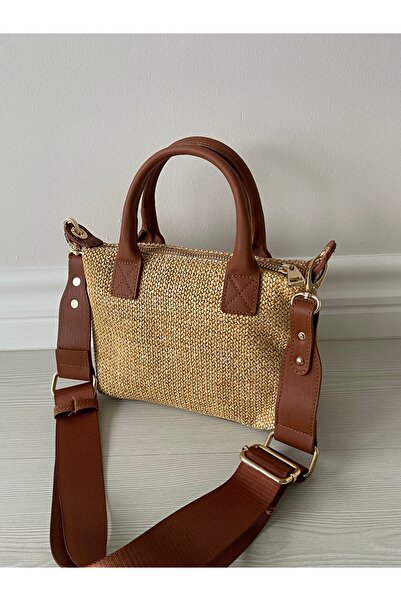 Nura Collection Tan Straw Women's Mini Letter Model Handbag and Shoulder Bag