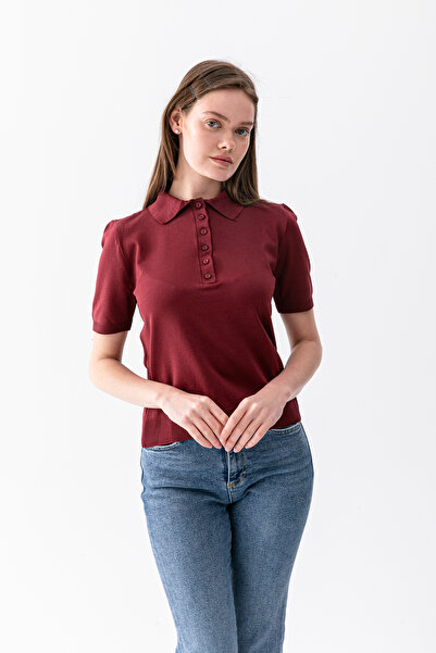 Wega Moda Polo Collar Short Sleeve Women's Knitwear T-Shirt - Buttoned Slim K...