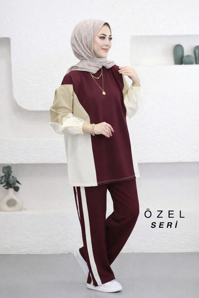 Mogi Butik Oversized Pair Garni Detailed Striped Modal Hijab Women's Suit 318...